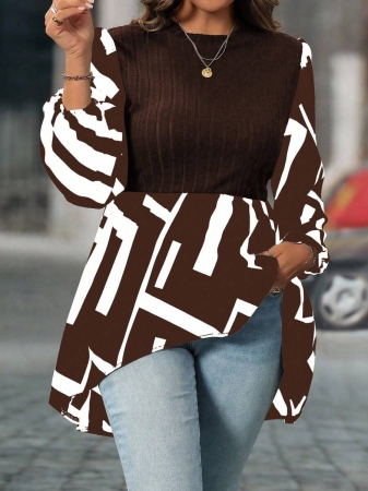 SHEIN Clasi Plus Size Women Geometric Print Round Neck Lantern Sleeve Asymmetric Hem Casual Top - Image 19