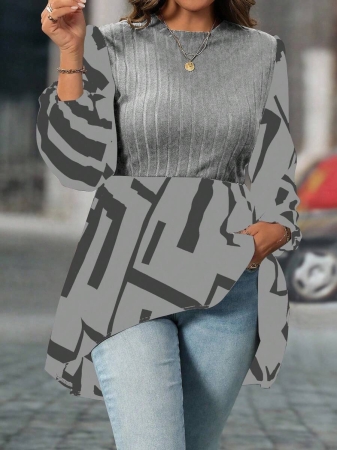 SHEIN Clasi Plus Size Women Geometric Print Round Neck Lantern Sleeve Asymmetric Hem Casual Top - Image 20