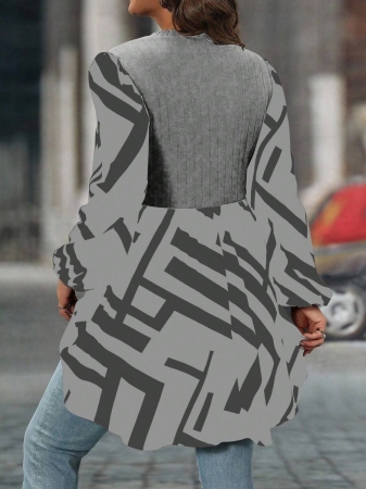 SHEIN Clasi Plus Size Women Geometric Print Round Neck Lantern Sleeve Asymmetric Hem Casual Top - Image 21