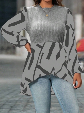 SHEIN Clasi Plus Size Women Geometric Print Round Neck Lantern Sleeve Asymmetric Hem Casual Top - Image 24