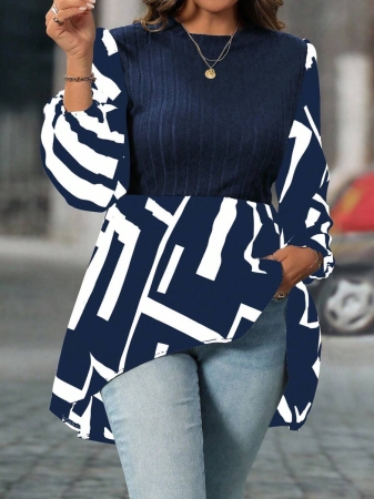 SHEIN Clasi Plus Size Women Geometric Print Round Neck Lantern Sleeve Asymmetric Hem Casual Top - Image 30