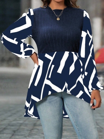 SHEIN Clasi Plus Size Women Geometric Print Round Neck Lantern Sleeve Asymmetric Hem Casual Top - Image 31