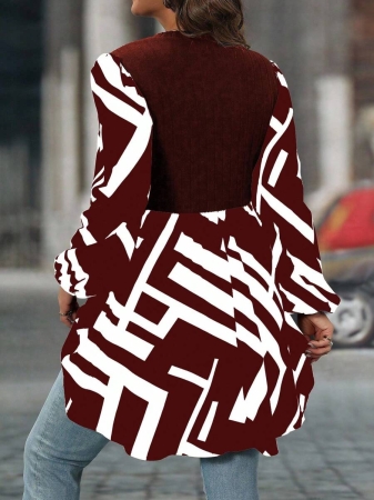 SHEIN Clasi Plus Size Women Geometric Print Round Neck Lantern Sleeve Asymmetric Hem Casual Top - Image 35