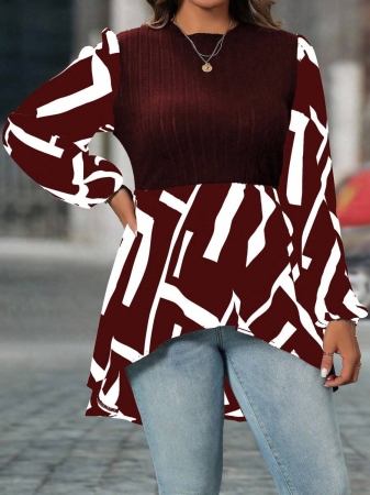 SHEIN Clasi Plus Size Women Geometric Print Round Neck Lantern Sleeve Asymmetric Hem Casual Top - Image 37