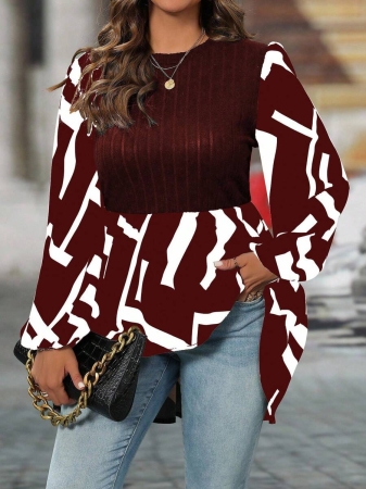 SHEIN Clasi Plus Size Women Geometric Print Round Neck Lantern Sleeve Asymmetric Hem Casual Top - Image 39