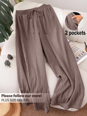 SHEIN Frenchy Plus Size Women's New Spring Summer Business Casual Woman Beach Outfits For Woman Valentine Day Style Fashion Commuting Elegant Purple Lotus Root Pink Wide-Leg Trousers, Pocket Trousers.Pants Beach Vacation Outfits Lavender College Students Outfit Valentines Clothes Cruise Outfits Women Summer Pants Baggy