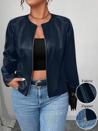 SHEIN PETITE CURVE Plus Size Women's Classic Versatile PU Leather Jacket, Petite Series