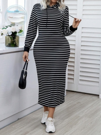 Easura Plus Size Women Striped Long Sleeve Hooded Drawstring Casual Sweatshirt Dress For Spring & Autumn Pullover Fall Outfit Winter - Image 2