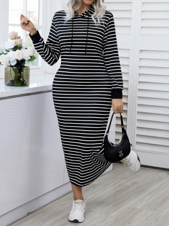 Easura Plus Size Women Striped Long Sleeve Hooded Drawstring Casual Sweatshirt Dress For Spring & Autumn Pullover Fall Outfit Winter - Image 4