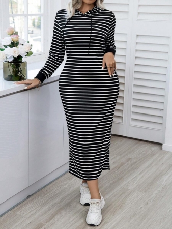 Easura Plus Size Women Striped Long Sleeve Hooded Drawstring Casual Sweatshirt Dress For Spring & Autumn Pullover Fall Outfit Winter - Image 6
