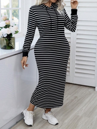 Easura Plus Size Women Striped Long Sleeve Hooded Drawstring Casual Sweatshirt Dress For Spring & Autumn Pullover Fall Outfit Winter - Image 7