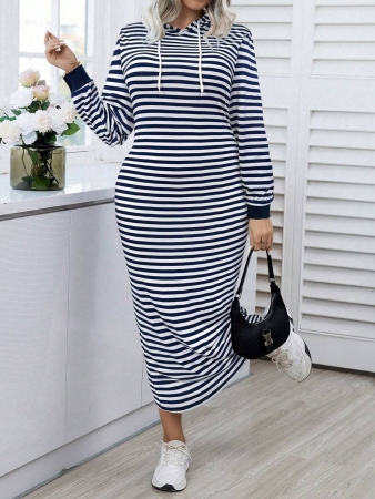 Easura Plus Size Women Striped Long Sleeve Hooded Drawstring Casual Sweatshirt Dress For Spring & Autumn Pullover Fall Outfit Winter - Image 8