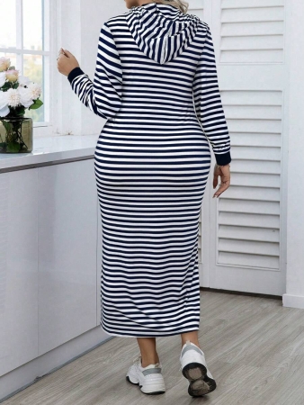 Easura Plus Size Women Striped Long Sleeve Hooded Drawstring Casual Sweatshirt Dress For Spring & Autumn Pullover Fall Outfit Winter - Image 9