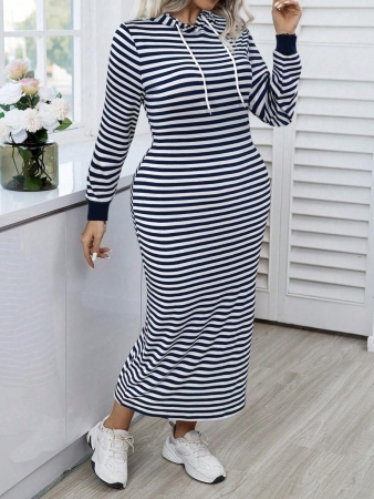 Easura Plus Size Women Striped Long Sleeve Hooded Drawstring Casual Sweatshirt Dress For Spring & Autumn Pullover Fall Outfit Winter - Image 12