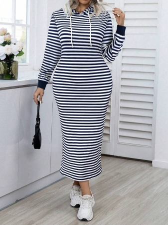 Easura Plus Size Women Striped Long Sleeve Hooded Drawstring Casual Sweatshirt Dress For Spring & Autumn Pullover Fall Outfit Winter - Image 13
