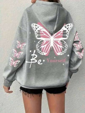 Women's Plus Size Butterfly Hoodie - Grey With Pink Trim, "Be Yourself" Print On The Back, Comfortable Hooded Pullover For Fall And Winter, Machine Washable Casual Clothing