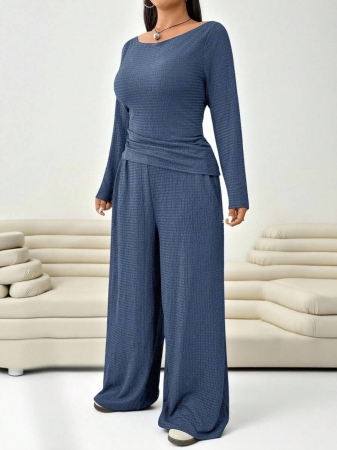 Solflare 2pcs/Set Olive Green Plus Size Women Crew Neck Long Sleeve Top & Pants Set/Winter - Image 27