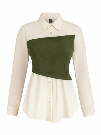 Rometta Plus Size Casual Commuter Color Block Shirt & Pants 2 Pieces Set Fall Cloth For Women - Image 4