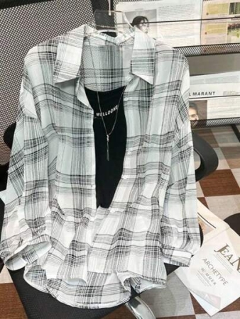INAWLY Plus Size Women Casual Collegiate Style Printed Drop Shoulder Loose Curved Hem Plaid Shirt Fall Cloth For Women