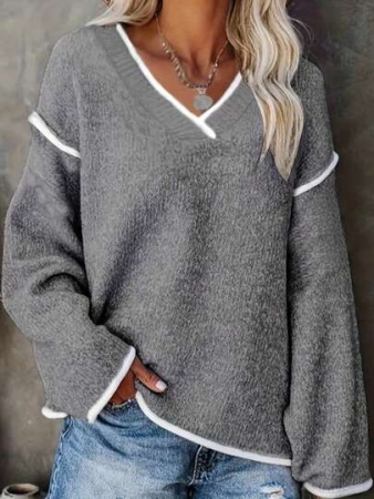 Plus Women's V-Neck Casual Solid Color Long Sleeved Sweater