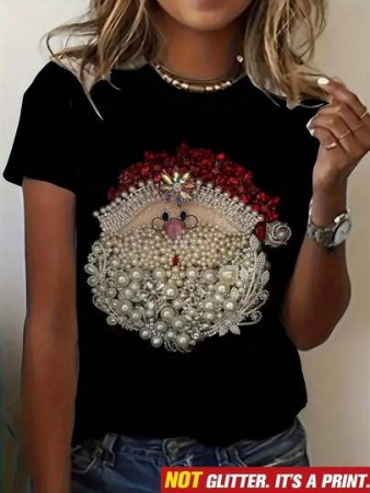 Women's Holiday Santa Claus T-Shirt - Black With Colorful Beading, Crew Neck And Short Sleeves, Machine Washable, Perfect For Holiday Celebrations, Fall Cothes Plus Size,Fall Tops Women,Winter Tops,Christmas C