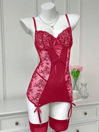 SHEIN Seduluxe 4pcs/Set Classic Lace Patchwork Bowknot Sexy Nightgown For Going Out - Image 9