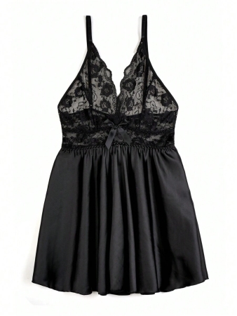Seduluxe Plus Size Classic Sexy Black Satin Babydoll Dress With Sheer Lace And Spaghetti Straps - Image 7
