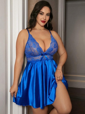 Seduluxe Plus Size Classic Sexy Black Satin Babydoll Dress With Sheer Lace And Spaghetti Straps - Image 9