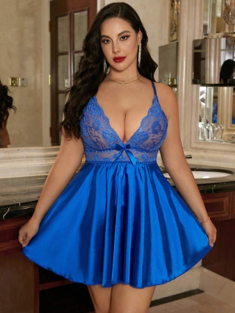 Seduluxe Plus Size Classic Sexy Black Satin Babydoll Dress With Sheer Lace And Spaghetti Straps - Image 14