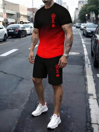 AICJ 2pcs/Set Men Casual Sleepwear Set, Crown & Playing Card Pattern T-Shirt Top With Pocket, Shorts Pants, Loungewear For Spring & Summer