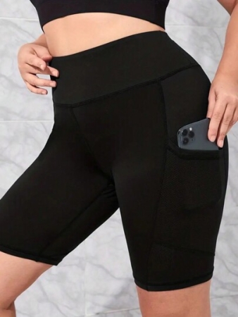 Plus Size Solid Color High Waist Pocket Minimalist Fitted Shorts, Casual Everyday Wear