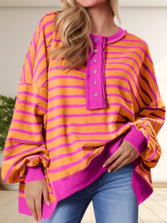 Womens Oversized Striped Henley Sweatshirts Color Block Casual Waffle Knit Pullover Tops