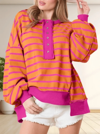 Womens Oversized Striped Henley Sweatshirts Color Block Casual Waffle Knit Pullover Tops - Image 22