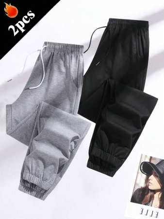 2pcs Women's Casual Street Style Solid Color Comfortable Outdoor Pants, Women's Sportswear, With Elastic Waist Drawstring, Lightweight Jogger Pants With Pockets, Suitable For Yoga, Running, Daily Wear, Back To School Essential - Image 2