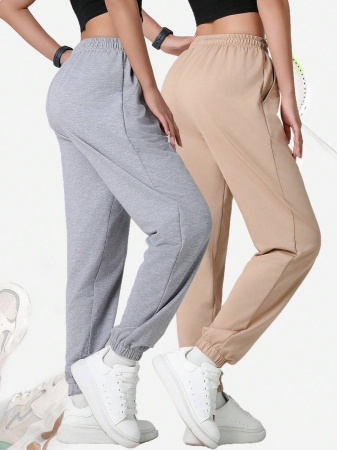 2pcs Women's Casual Street Style Solid Color Comfortable Outdoor Pants, Women's Sportswear, With Elastic Waist Drawstring, Lightweight Jogger Pants With Pockets, Suitable For Yoga, Running, Daily Wear, Back To School Essential - Image 22