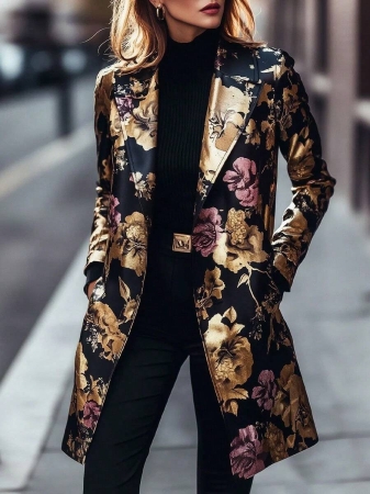 Women's Elegant Peaked Lapel Printed Long-Sleeved Mid-Length Suit Jacket Coat - Image 2
