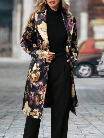 Women's Elegant Peaked Lapel Printed Long-Sleeved Mid-Length Suit Jacket Coat - Image 5