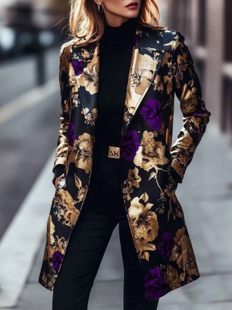 Women's Elegant Peaked Lapel Printed Long-Sleeved Mid-Length Suit Jacket Coat - Image 7