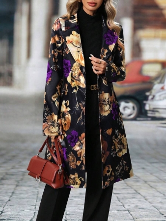 Women's Elegant Peaked Lapel Printed Long-Sleeved Mid-Length Suit Jacket Coat - Image 9