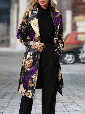 Women's Elegant Peaked Lapel Printed Long-Sleeved Mid-Length Suit Jacket Coat - Image 10