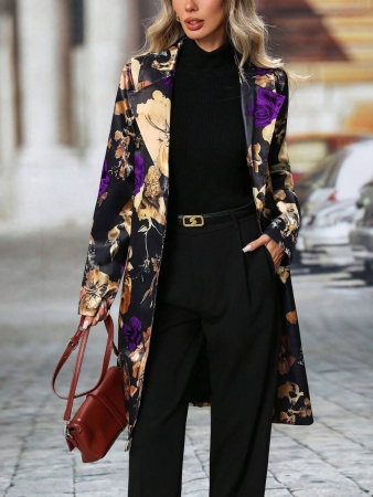 Women's Elegant Peaked Lapel Printed Long-Sleeved Mid-Length Suit Jacket Coat - Image 13