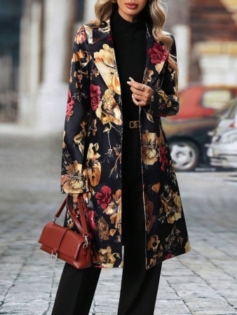Women's Elegant Peaked Lapel Printed Long-Sleeved Mid-Length Suit Jacket Coat - Image 16