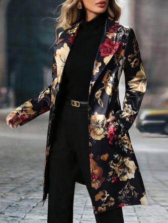 Women's Elegant Peaked Lapel Printed Long-Sleeved Mid-Length Suit Jacket Coat - Image 18