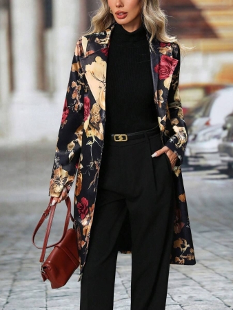 Women's Elegant Peaked Lapel Printed Long-Sleeved Mid-Length Suit Jacket Coat - Image 20