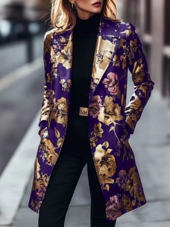 Women's Elegant Peaked Lapel Printed Long-Sleeved Mid-Length Suit Jacket Coat - Image 21