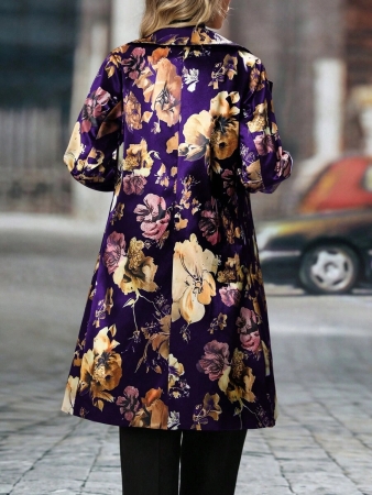 Women's Elegant Peaked Lapel Printed Long-Sleeved Mid-Length Suit Jacket Coat - Image 22