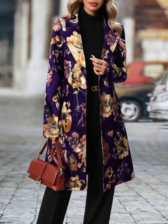 Women's Elegant Peaked Lapel Printed Long-Sleeved Mid-Length Suit Jacket Coat - Image 23