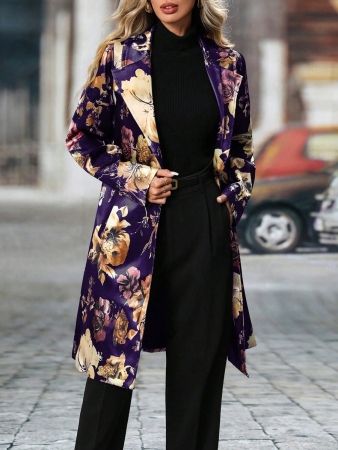Women's Elegant Peaked Lapel Printed Long-Sleeved Mid-Length Suit Jacket Coat - Image 24