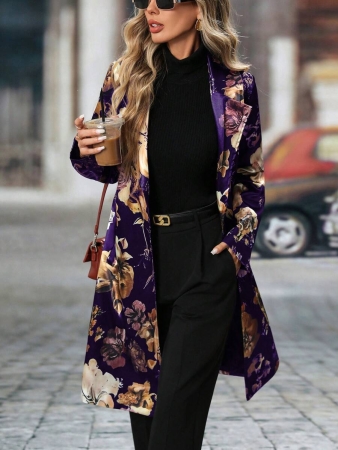 Women's Elegant Peaked Lapel Printed Long-Sleeved Mid-Length Suit Jacket Coat - Image 26