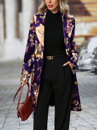 Women's Elegant Peaked Lapel Printed Long-Sleeved Mid-Length Suit Jacket Coat - Image 27
